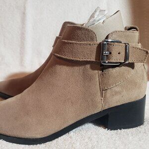 Marc Fisher Beige Suede Ankle Bootie, Zipper Buckle Strap, 6.5M